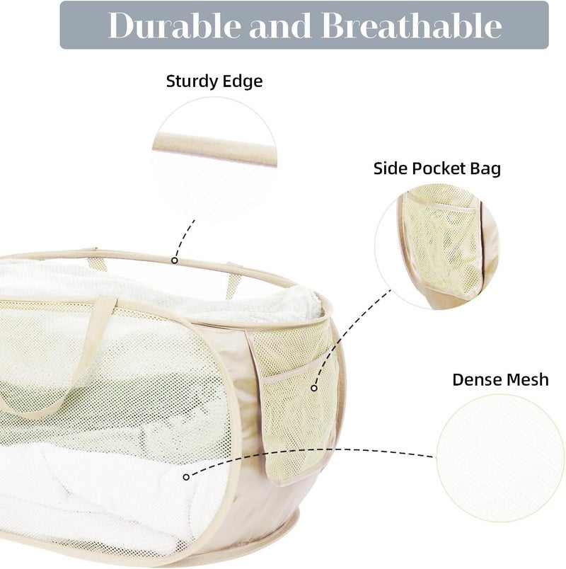 Bemkoo Durable Collapsible Laundry Baskets, Mesh Pop Up Laundry Hamper with Side Pocket, Foldable Clothes Storage Hamper with Reinforced Carry Handles for Laundry, Bathroom, Kids Room, Dorm or Travel Beige - Image 4